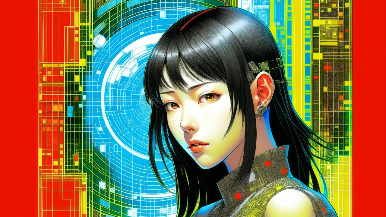 An illustration by Kuniyoshi and Monet of a tech-girl inside a futuristic matrix-grid.