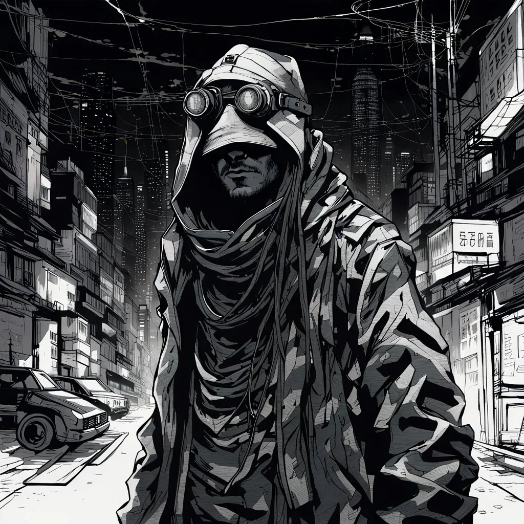 Whispers in the dark alleys of the surviving cities speak of Kai Virtuoso - the ghost in the machine. Draped in garments seamlessly integrated with camouflage tech, and goggles perpetually projecting data streams before his eyes, Kai is a master of evasion and a harbinger of techno-anarchy.Dystopian, Hyper detailed, realistic fur, Japanese, Extreme depth of field, bokeh blur, winter, blizzard, Alberta, all-natural, in the style of candid, imperfection, natural lighting, Professional shot, shot o