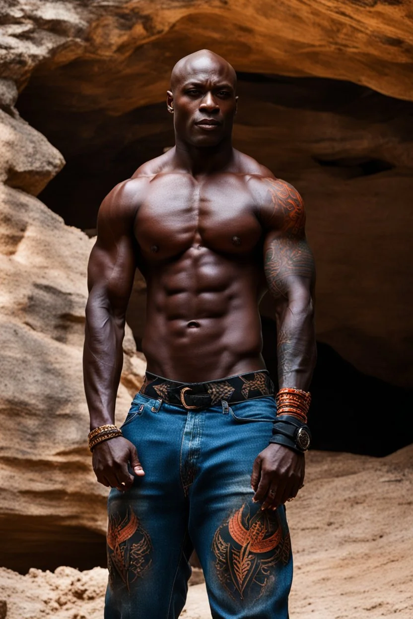 Alimi Ballard as very muscular male. bald with tribal tattoos wearing jeans and a teeshirt outside a cave