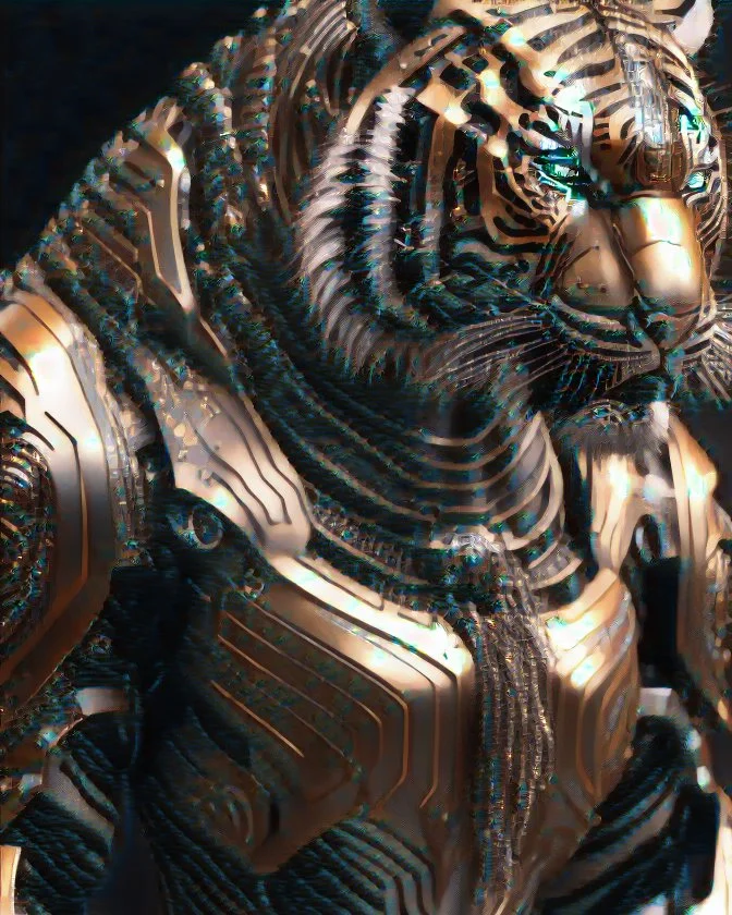 Full body 3D Portrait of a cyborg tigre in natural colours wearing futuristic face armor in realistic fantasy