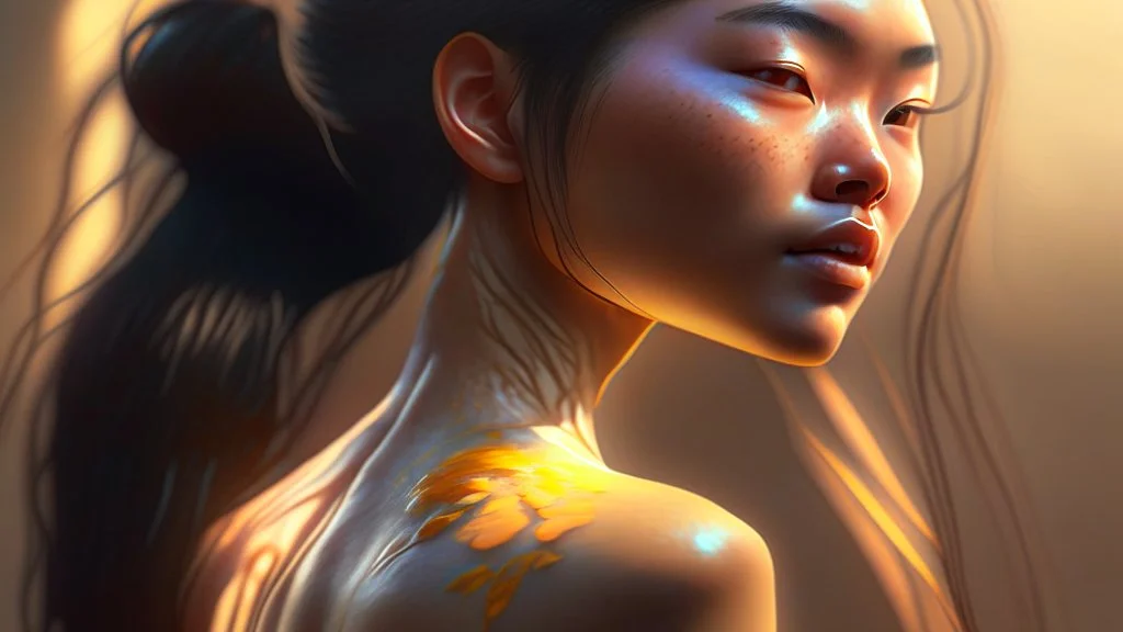 beautyfull asiatic woman, art by kiera malone photography, concept art modern photorealistic, in the style of , Artstation, sunlight, Unreal Engine sharp fine details trending on artstation reflections 4k ultra realistic post-processing A detailed illustration of a beautiful young female human with growing out of her back. Her skin, hair and face are all made of paint. Her wings are spread. Front view. Highly detailed flawless facial features and eyes. Abstract Oil painting splash art. White ba