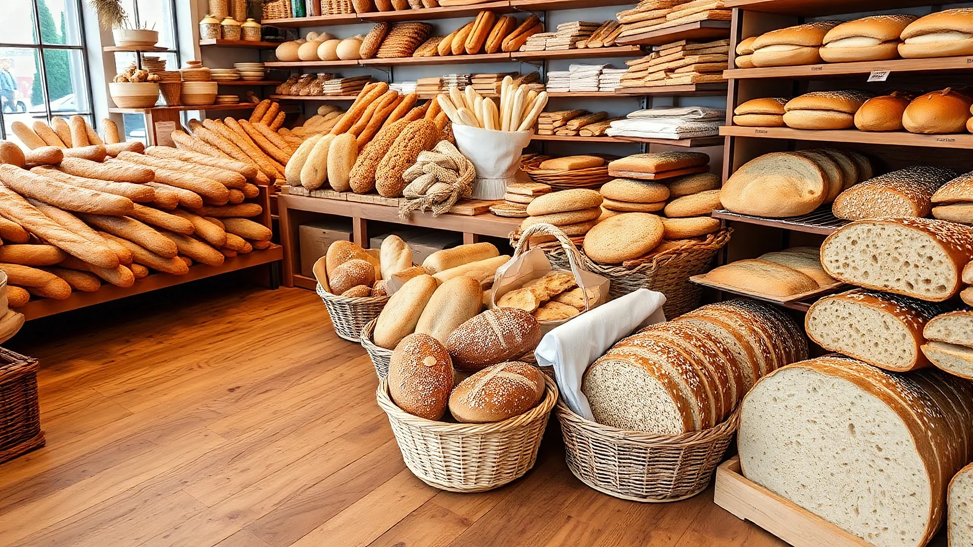 The wooden floors of a shop are filled with fancy breads including baguettes, sandwiches, dough and tortillas, white, and whole wheat and wheat ears and sesame seeds and freshly baked sliced ​​breads and a classic theme.