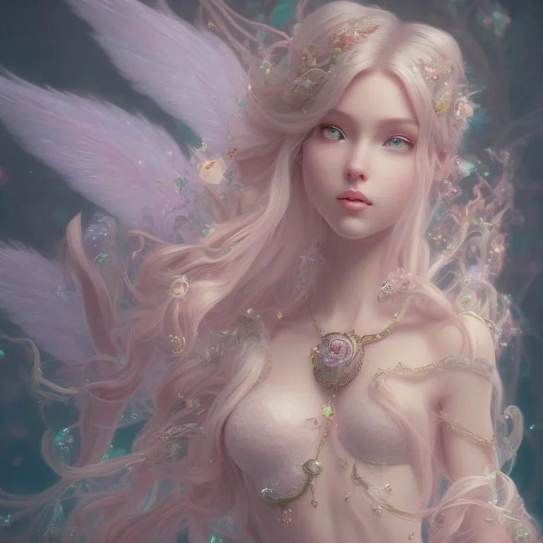 girl, fairy wings, cute, beautiful, long hair, pink hair, 8k resolution concept art portrait, Artgerm, WLOP, Alphonse Mucha dynamic lighting hyperdetailed intricately detailed Splash art trending on Artstation triadic colors Unreal Engine 5 volumetric lighting fairycore auroracore