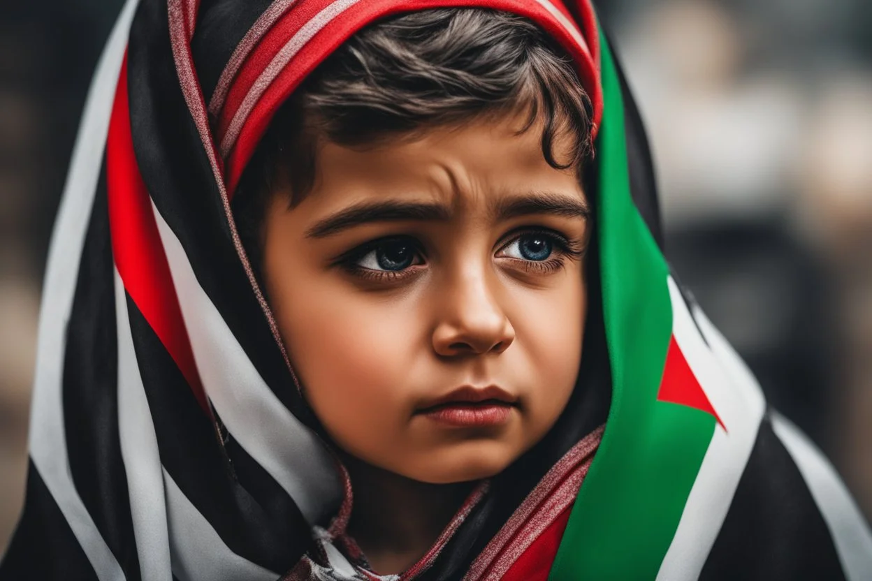 A crying Palestinian child in a broken hospital, Palestine flag, neon effect , close picture, highly detailed, high details, detailed portrait, masterpiece,ultra detailed, ultra quality