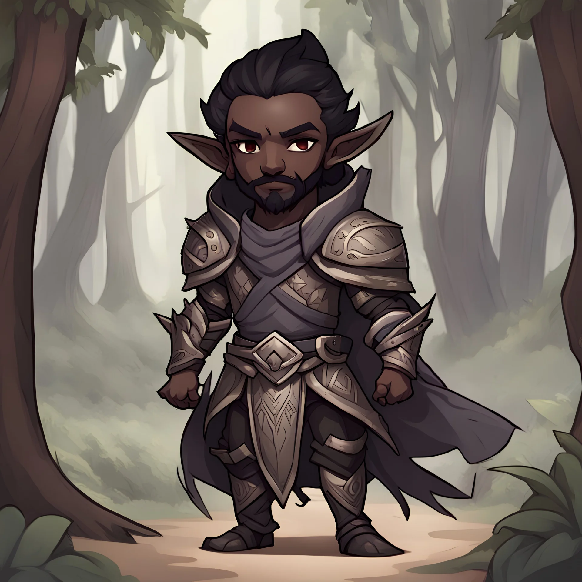 Aanthis Fadas is a male dark elf with dark skin with up-pinned dark hair and beard moustache combo wearing grey and brown tribal armor and living in a wood elf hut , in chibi art style