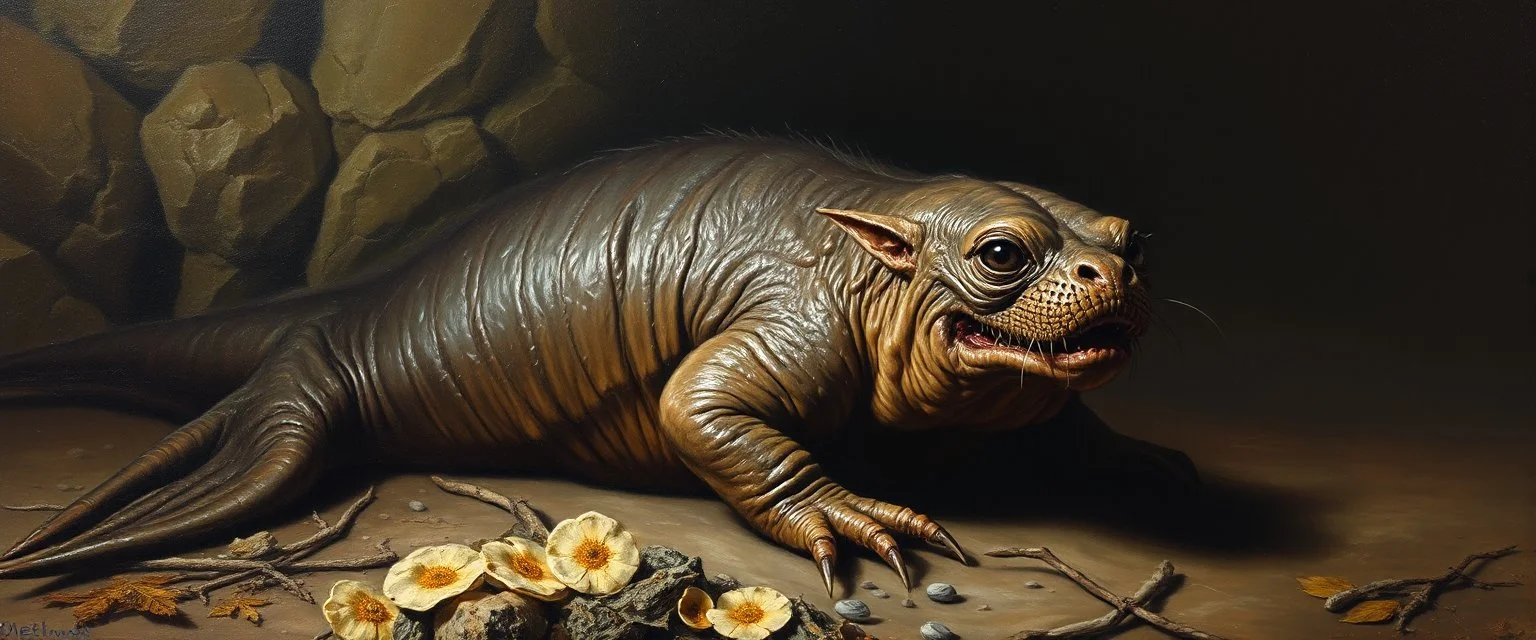 master oil painting by Rembrandt, creature from before the dinosaur alien seal gremlin