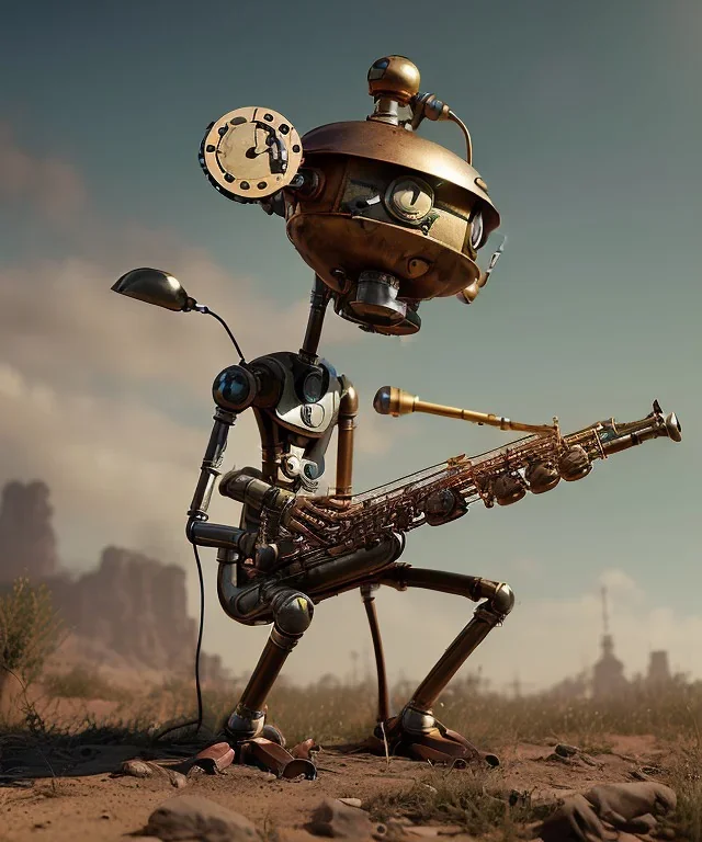 happy mechanoid person playing jazz with a steampunk theme, realistic