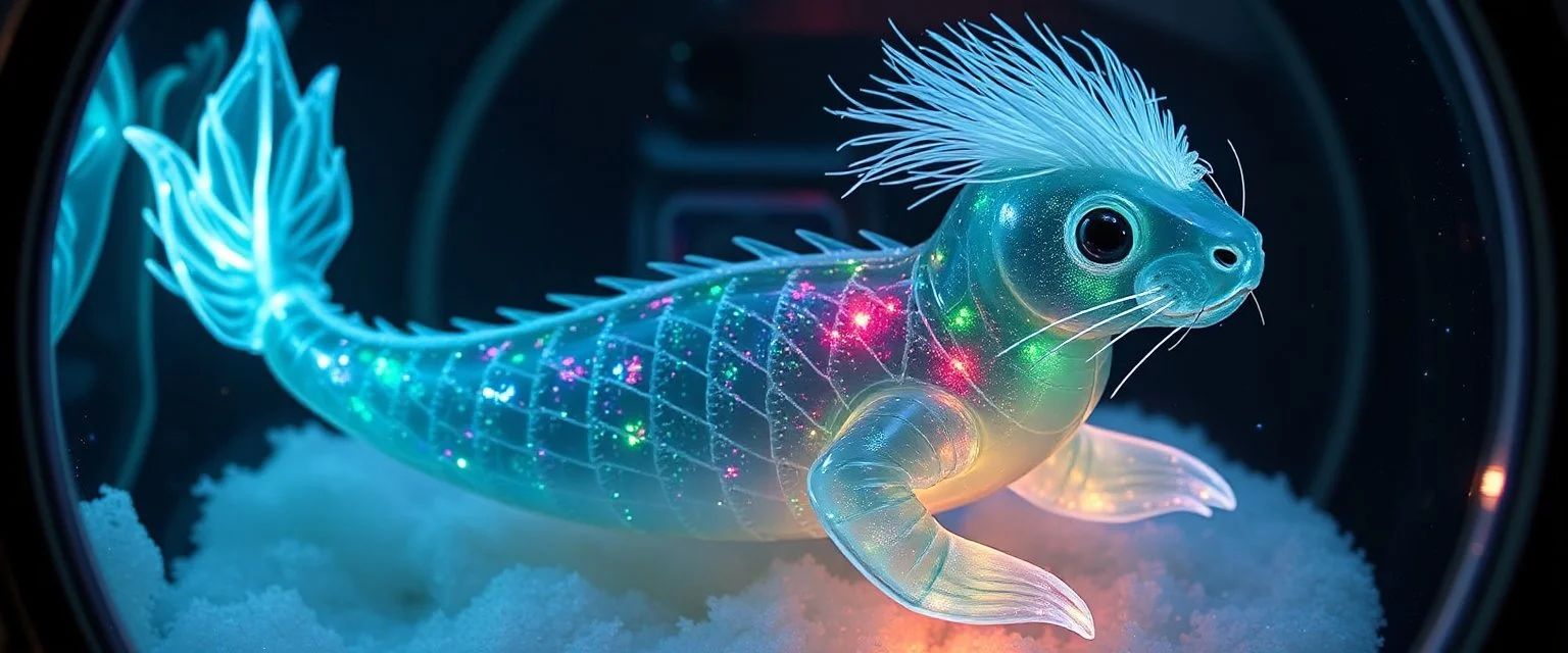 The image depicts a fantastical scaly glitter dragon squid squirrel snow soup, specifically a transparent with neon plasma aura, with a unique and whimsical appearance. The seal dragon is positioned in a circular frame, which suggests it might be inside a container or a vessel. The body is elongated and has a segmented appearance, with a detailed texture that gives it a realistic look. Its head is covered with white, spiky hair, adding to its fantastical charm. From the weird dragon lab.