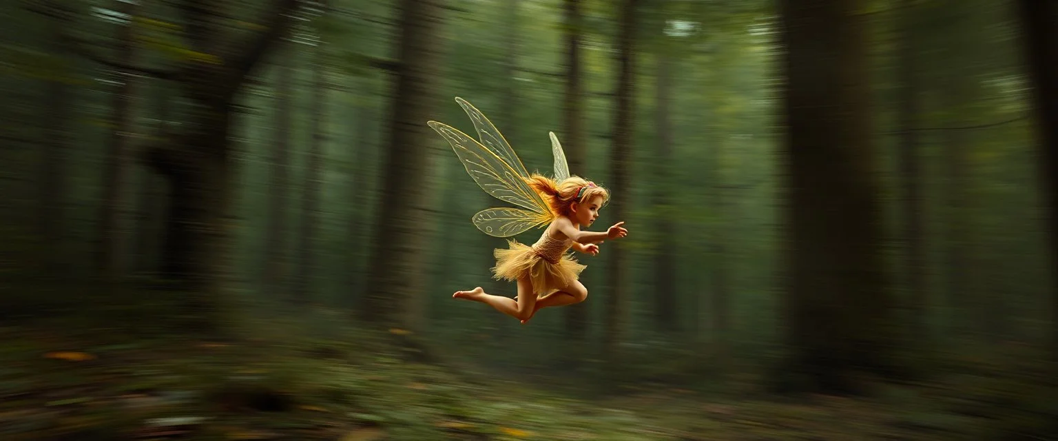 pixie quickling with background motion blur, in magical forest scene, in the style of Rembrandt