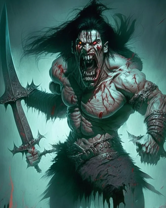 cursed apocaliptic screaming scary zombie human berserker meaty black hair big greatsword