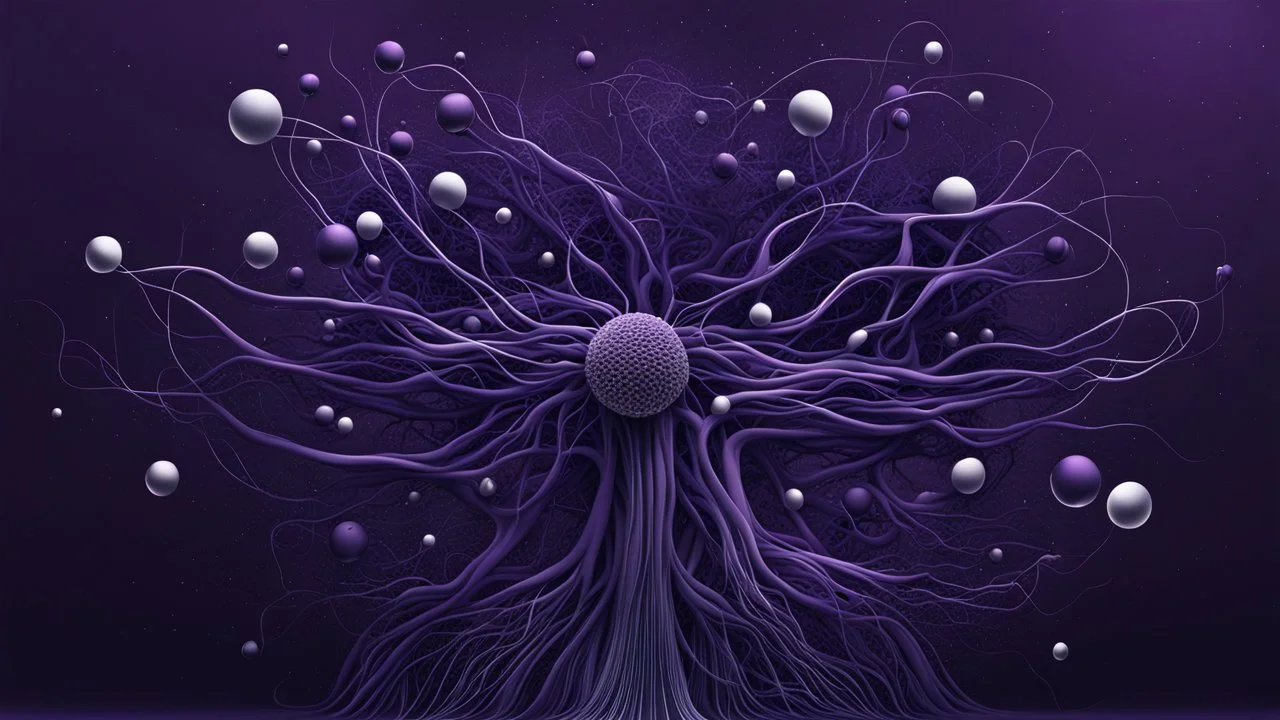 A minimalist abstract 2d digital art graphic and ink montage,. Deep dark purple background with pale neural network background, human nervous system with shiny little balls , white-dark blue-pale gray and black colors, Clean composition with strange vibe, with surreal vibe, Photorealistic with emotional with abstraction , neurodivergens soul and mind, cinematic, glitch