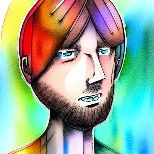 Male cypebpunk character connected to AI exploring other AI - Watercolour and Watercolour Painted Style - Jenny Rainey Style