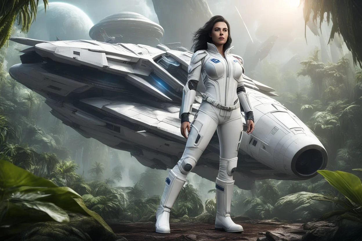 photorealistic slim woman with dark hair and white boots in a heroic pose in front of a fat wide spaceship in the jungle