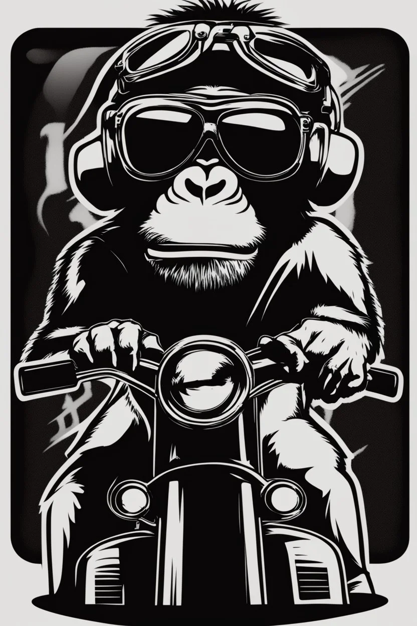 Ape on a scooter wearing sunglasses, logo