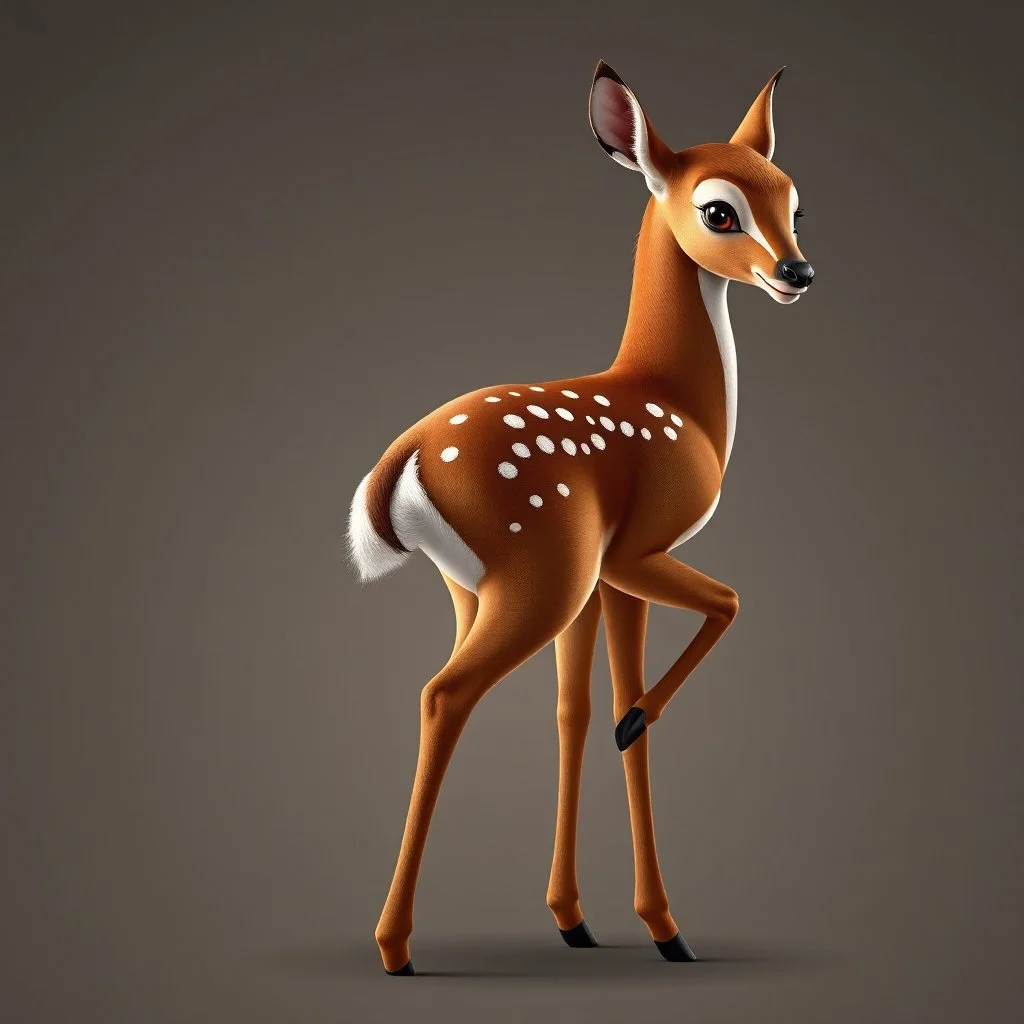 full body of a bald white tail deer, sultry, seductive, standing with a front leg lifted. with big smile, looking back, and big eyes looking back , tail upward, on flat background, in the style of 'My Little Pony' and Bambi, fantastic lighting