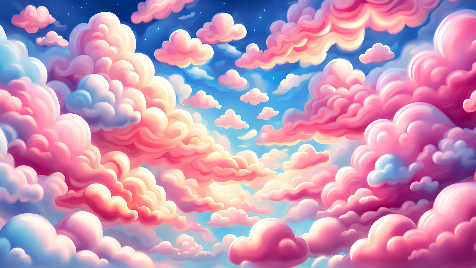 cartoony sky, realistic illustration, candy clouds