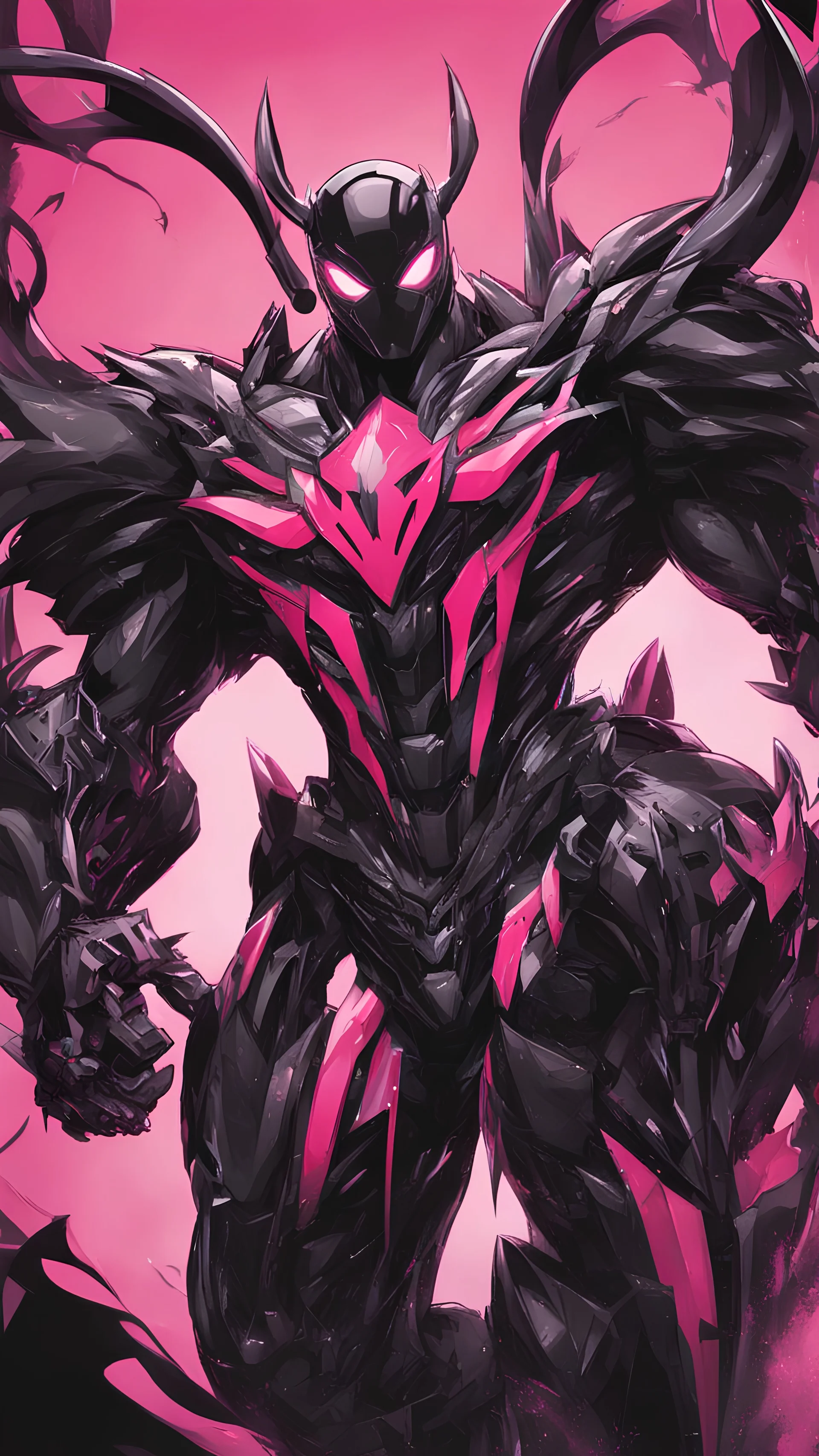 A close picture to Mix between gwenpool and symbiote, symbiote venom with transformers, high details machine, pink and black custom, intricate details, highly detailedin in solo leveling shadow art style