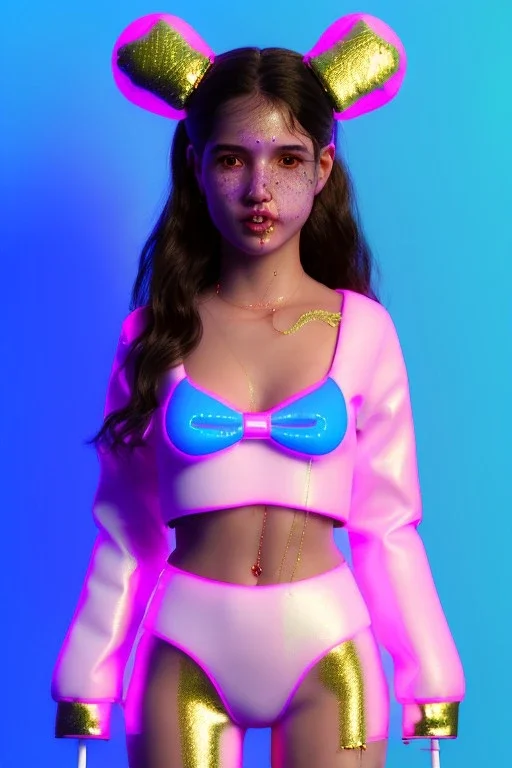 Ultra Realistic image, Rosalía artist, portrait, normal complexion, portrait, two bows with chopsticks hair , black eye long line, sweet face, t-shirt with holes, inflatable open coat, gold pink and blue style, spray line glow make up, big geometric led jewelry, fog, hot, inflatable style latex coat, vibrant color, highly detailed, art stations, concept art, smooth, unreal engine 5, god rays, ray tracing, RTX, lumen lighting, ultra detail, volumetric lighting, 3d, finely drawn, high definitio