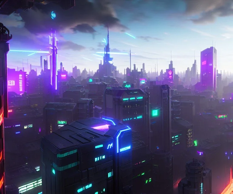 cyberpunk scene, 3d render, great detail, ninja, standing on top of building, viewing the city