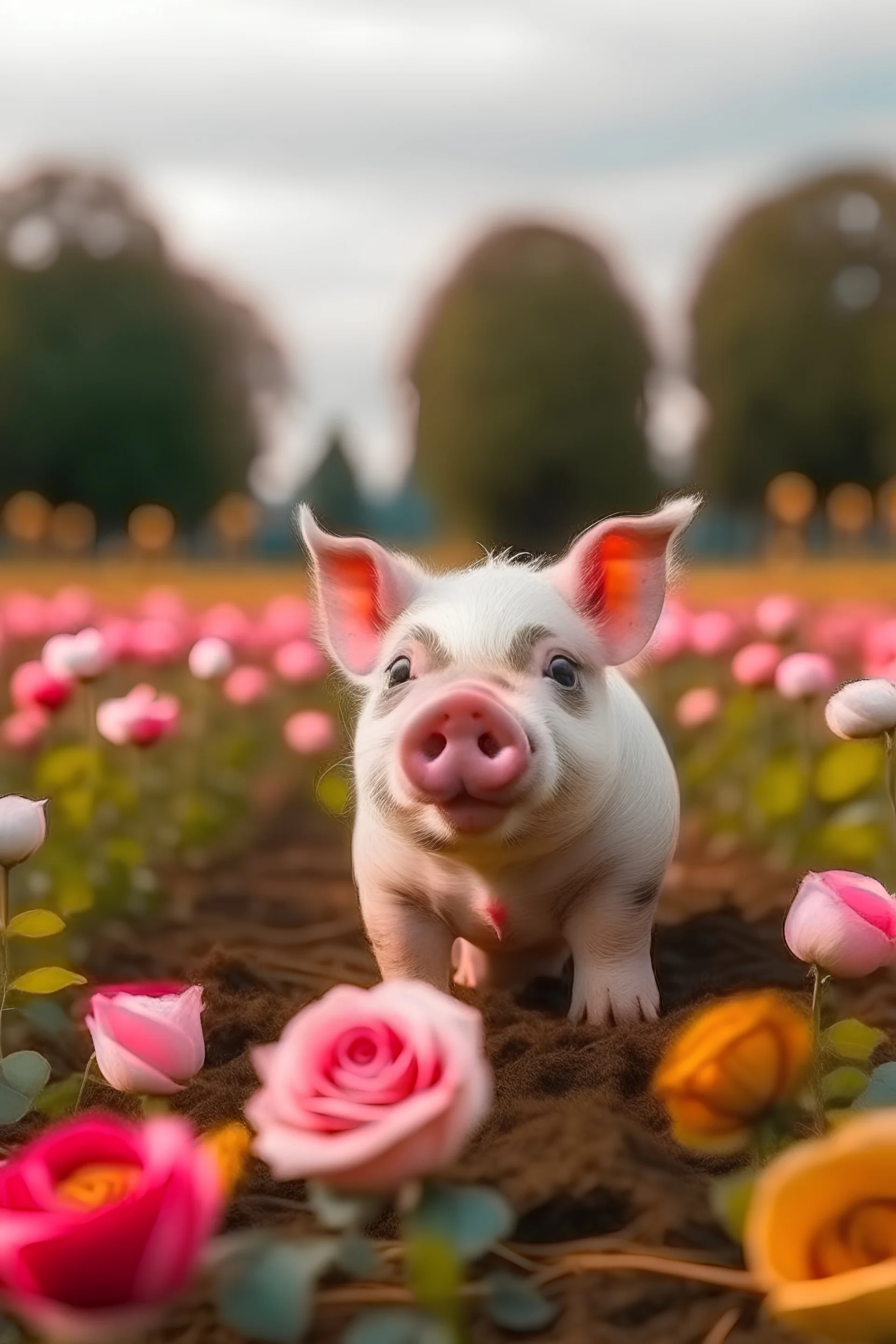 One Whole Rose cute pig is staying in the middle of field with lot of flowers.