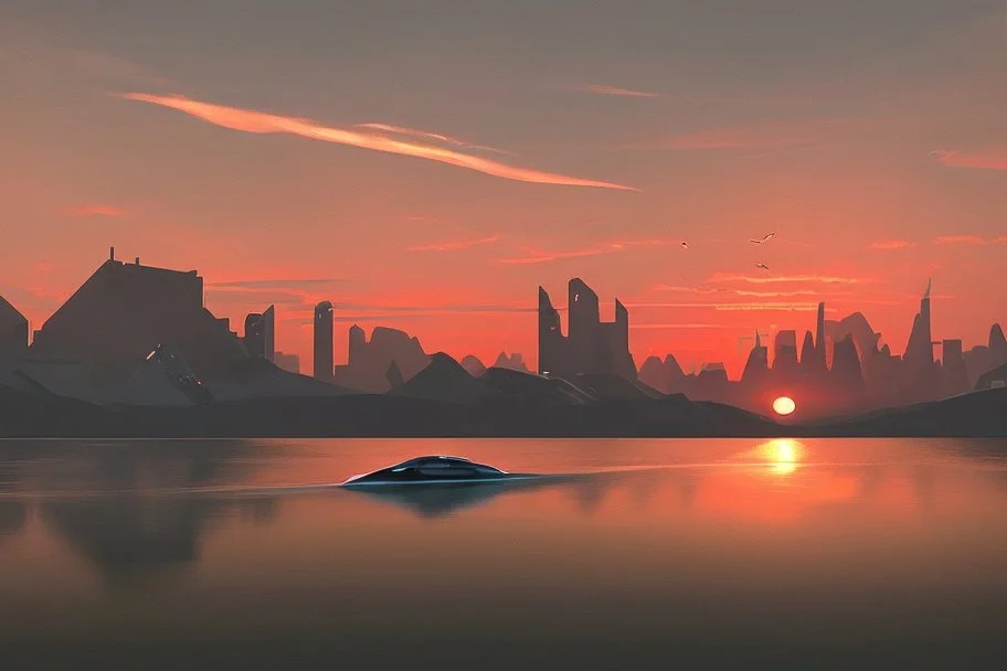 distant city, cars, sunset, lake, sci-fi, epic