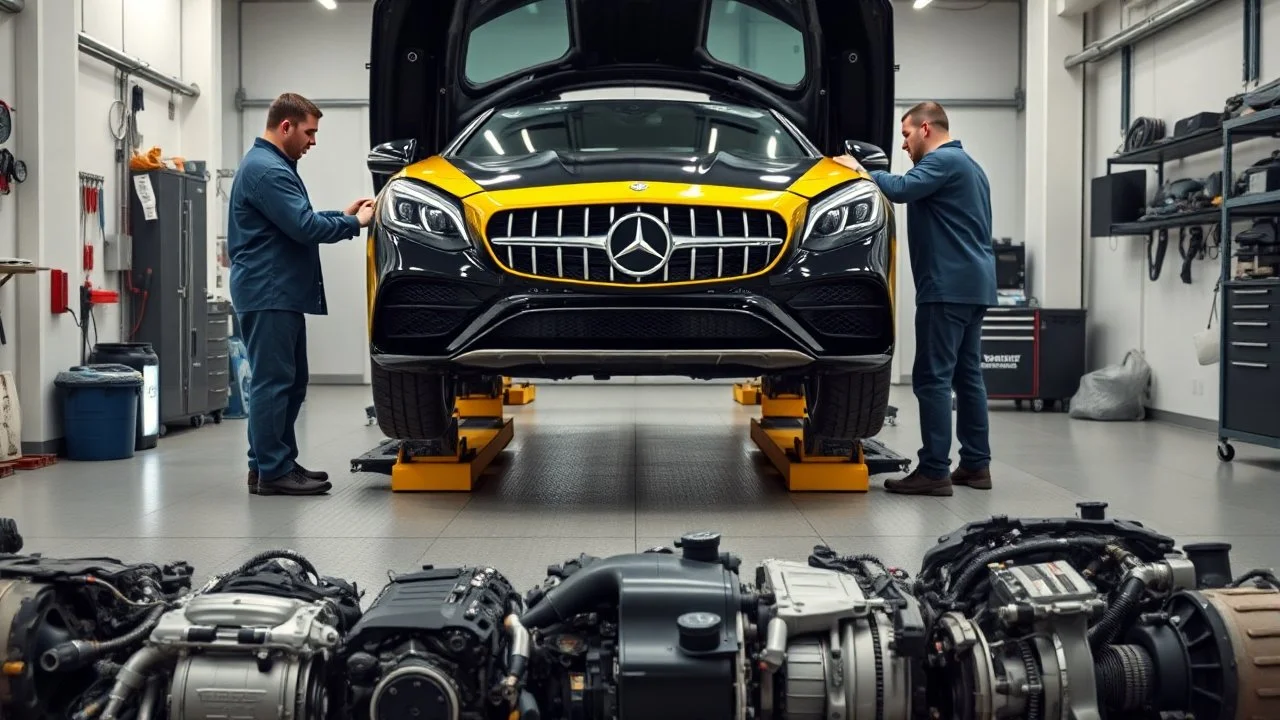 A car repair shop where two people in work clothes are repairing a black and yellow Benz CLS 550 with an eye-catching theme in a sophisticated and special repair shop where at the bottom of the image a collection of car engine parts is arranged on the floor
