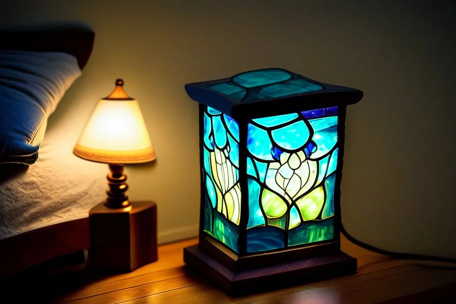 bioluminescent stained glass tyffany lamp on a wooden nightstand