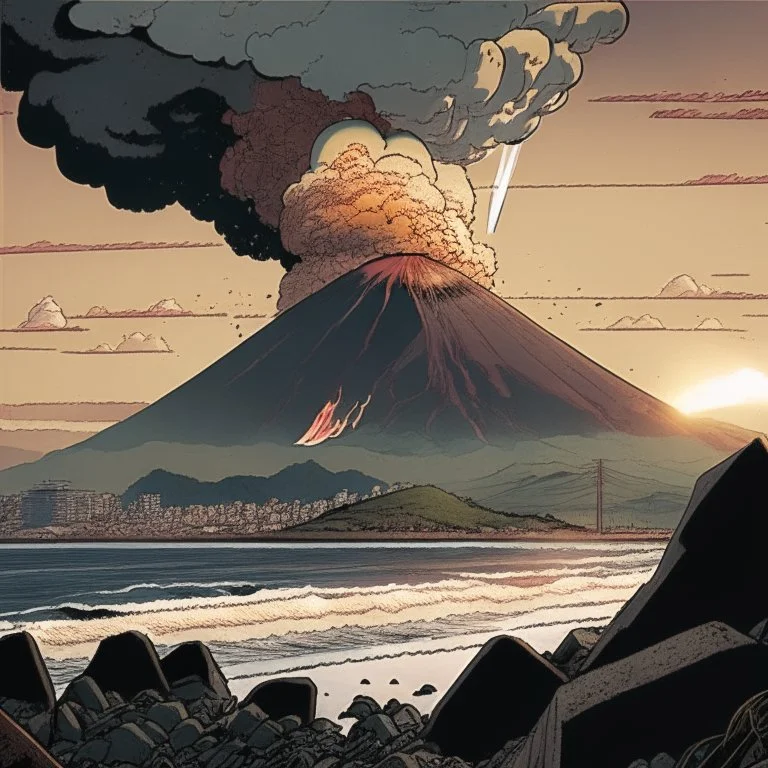 Comic panel. Montevideo. Japanese volcano at background.