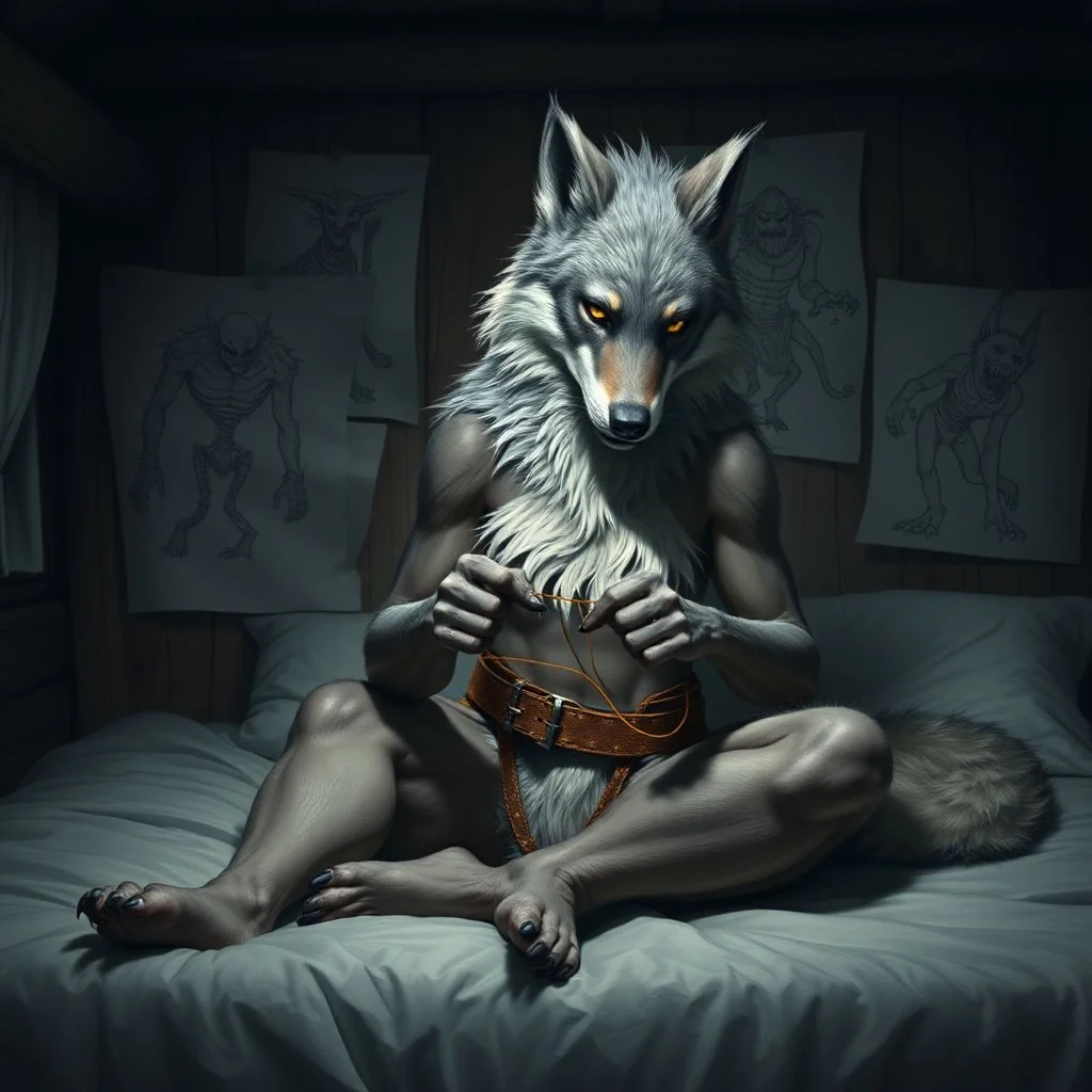 with wolf furry on her full body an anthropomorphic wolf woman hybrid sitting in the middle of a bed with a sewing needle and thread in her paw sewing a material belt, around her in the background are some paper with sketchy line kind drawings from monster on the walls of the wooden house, high realistic, detailed, cinematic, sci-fi, digital art, dark fantasy mood