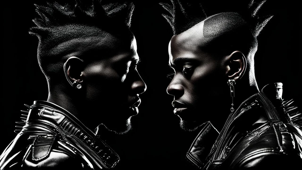 two Afro-American males facing each other in profile, confrontational stance, high-contrast black and white, deep shadows, bright rim lighting, dark studio background, punk spiked mohawk hairstyles, metallic reflective jackets, skin highlights, intricate chrome ear frames and jawline exoskeleton jewelry, biomechanical ear cuffs, sculptural contours, sharp silhouettes, cinematic low-key photography, cyberpunk aesthetic, symbolic duality, tension, dramatic