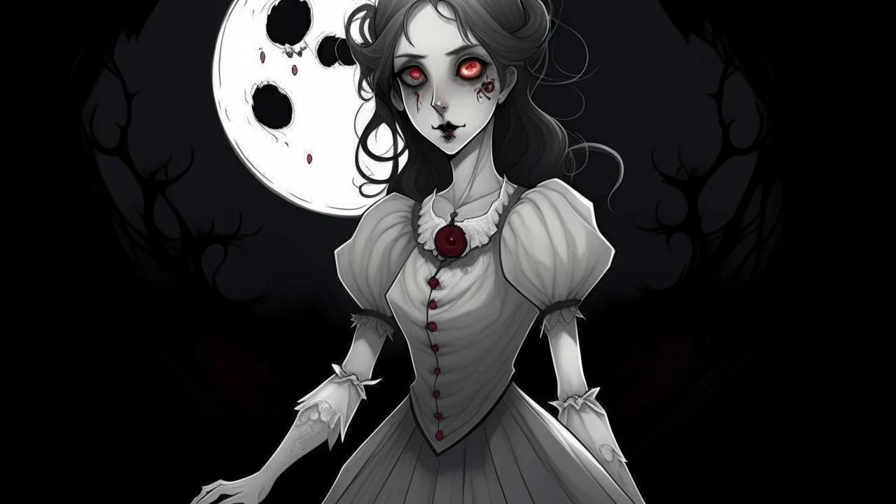 comix style, In the pallid moonlight, a peculiar girl appears - a vampire, her skin a haunting shade of spectral grey, as if she herself were wrought from the lonely heart of a forsaken moon. Cruel rubies are set into her eyes, glowing with ominous liveliness against her lifeless pallor. Blood, a sinister accompaniment to her form, the colour of garnet, seems to drip off her like a macabre jewel, casting a chilling aura of dangerous enchantment about her.