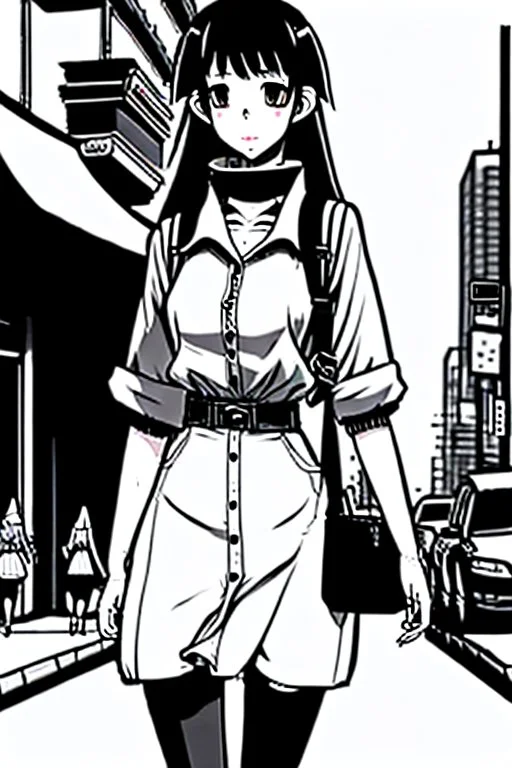 girl walk on the streets, manga style, line arts illustration