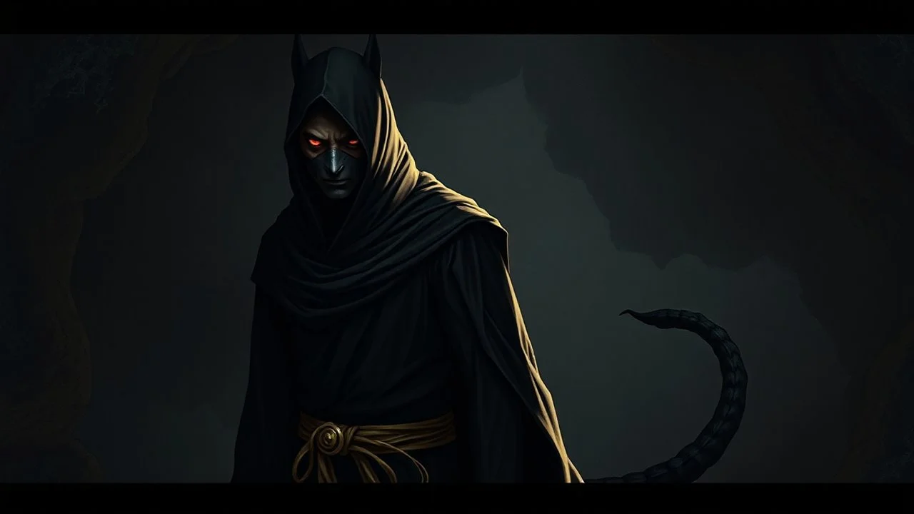 ou’re looking at someone who doesn’t just walk into shadows—they belong to them. The black robes cling like a second skin, the belt tied tight with gold thread that catches the light only when he moves. His face is wrapped, but not hidden—his eyes glow like embers, red and steady, as if he’s already seen what waits inside the cave. The tail curls behind him, not in fear, but in readiness. He doesn’t need a torch, because the darkness answers him.
