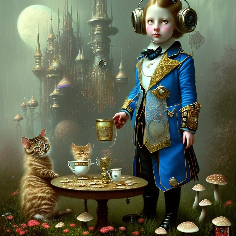 victorian cyberpunk painting of sad human alice child. very large eyes. drinking cup of tea. on mushroom. kittens playing in the rain and fog and haze. by lewis carroll