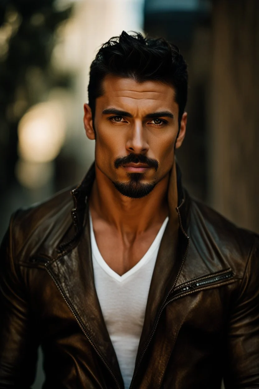 Portrait of an Olive skinned muscular very handsome male with dark hair and a goatee beard