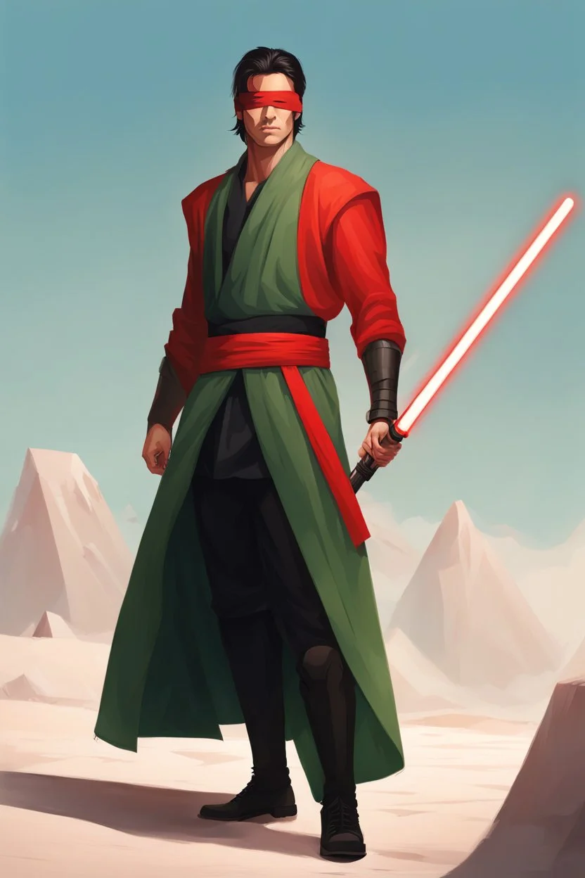 Red Blindfold, Male Tan Human, Very Long HairLong Black Hair, Peaceful pose, Red Crossgaurd Lightsaber