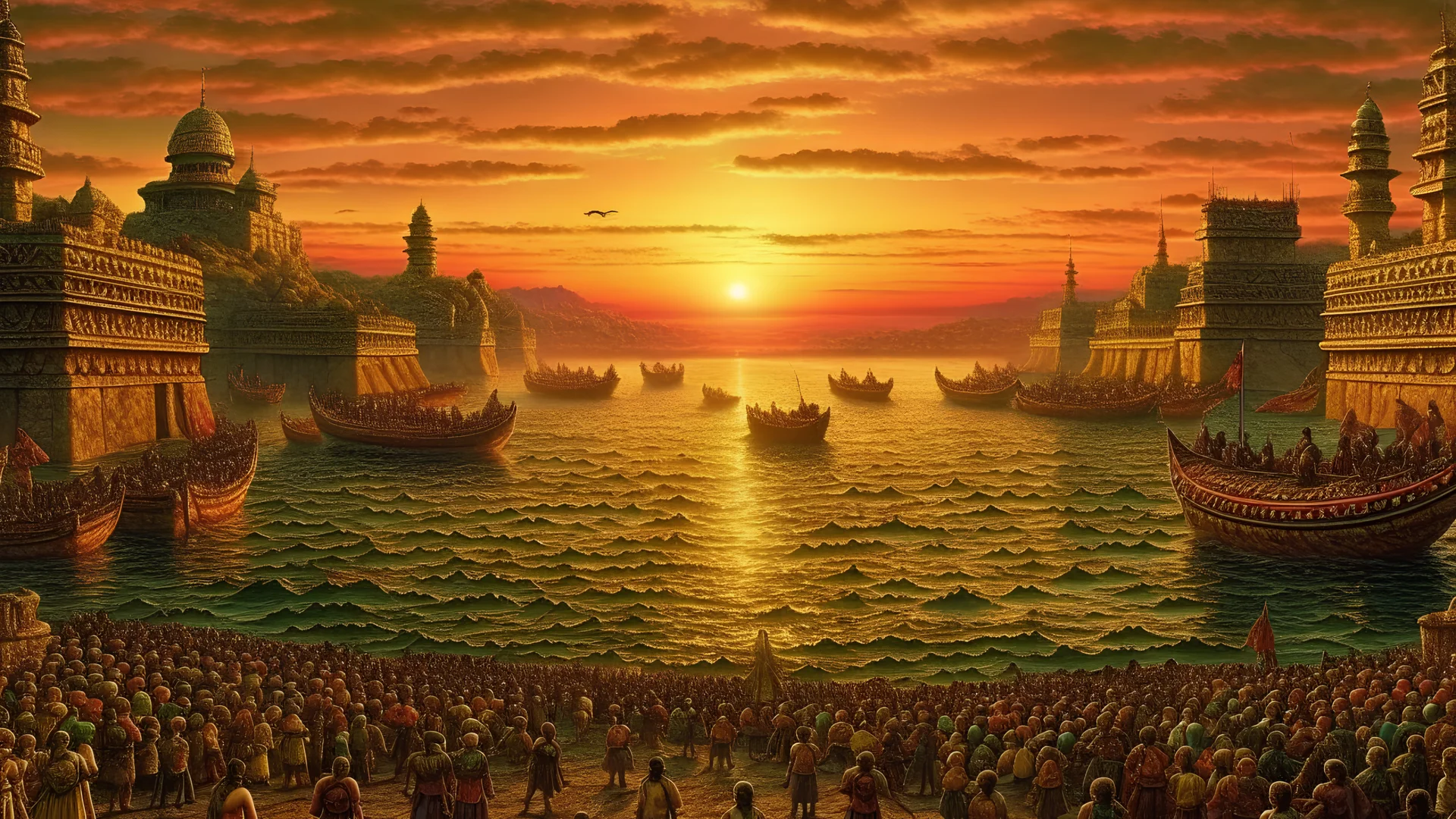 (((Conquistadors capture Tenochtitlan 1521 ))) Epic cinematic brilliant stunning intricate meticulously detailed dramatic atmospheric maximalist digital matte painting, sunset, Hyperrealistic, concept art, mid shot, intricately detailed, color depth, dramatic, side light, colorful background Epic cinematic brilliant stunning intricate meticulously detailed dramatic atmospheric maximalist"