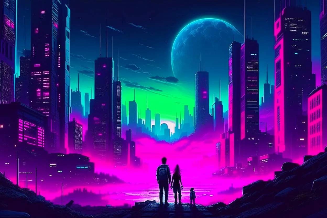 retrowave cyberpunk city, moon, clouds, people, sci-fi, epic