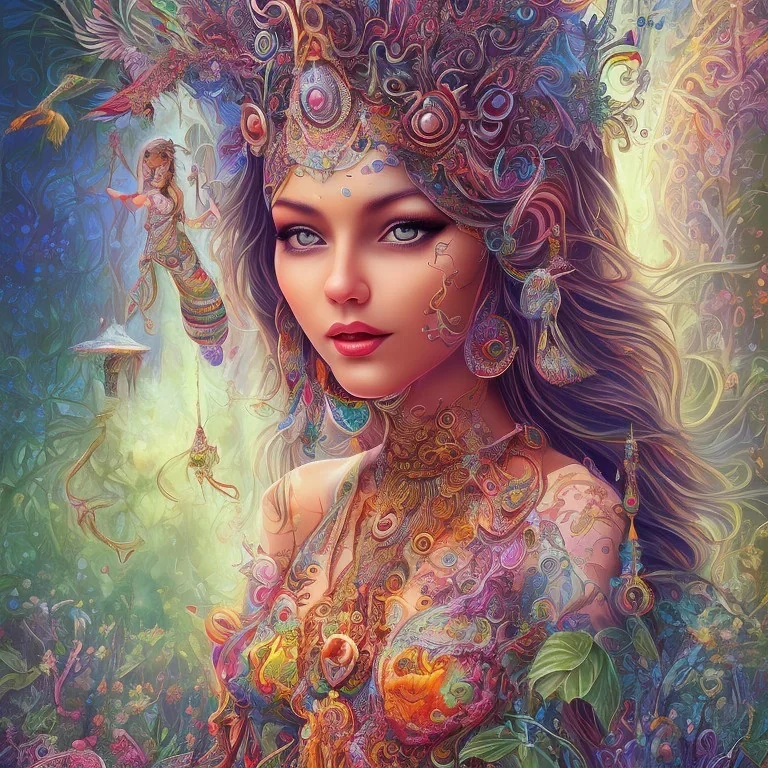 très belle femme oiseau couleurs vives sourire dans une forêt de champignons psychédéliques mantra shiva