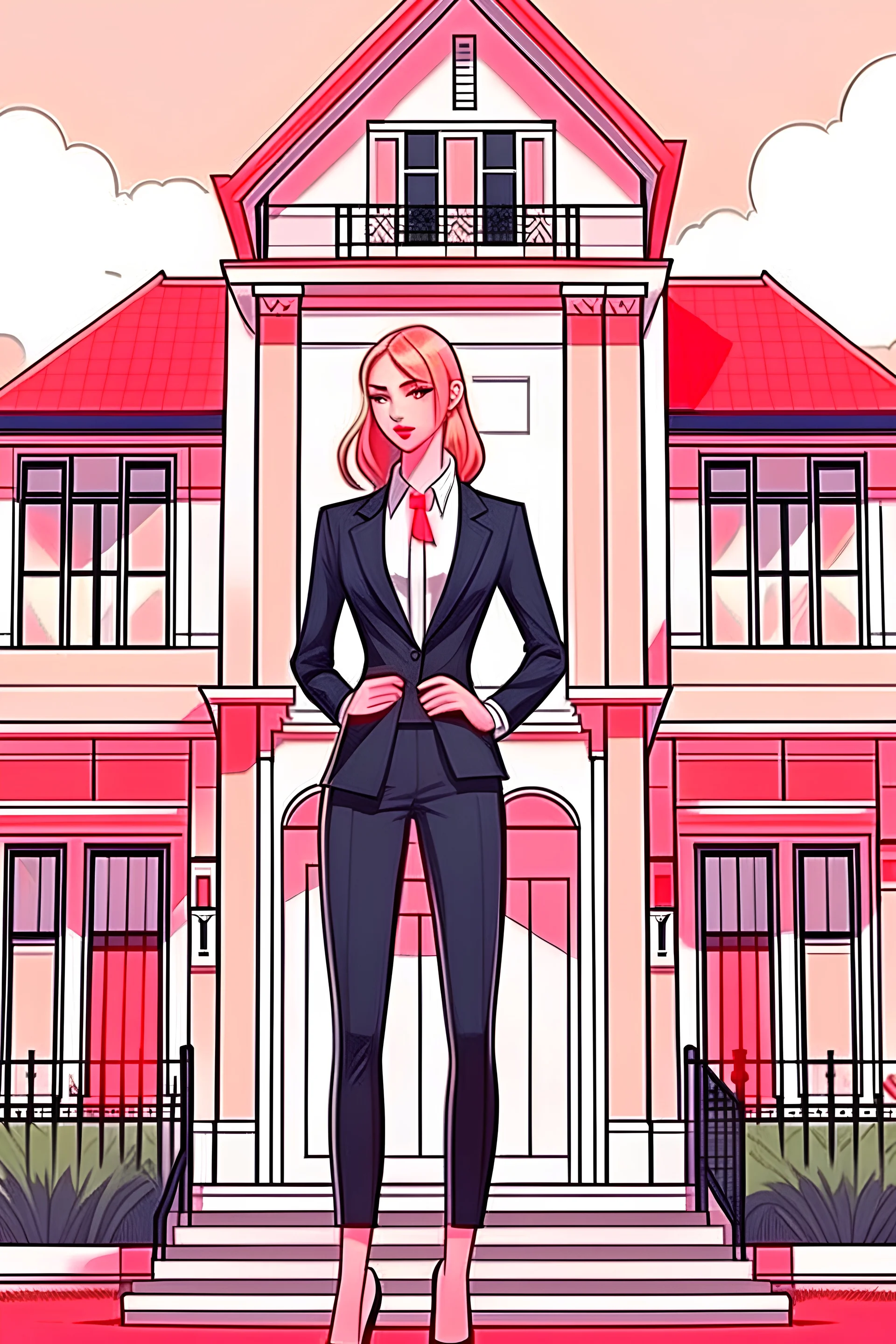 Tall, slender girl in a big house in a suit.