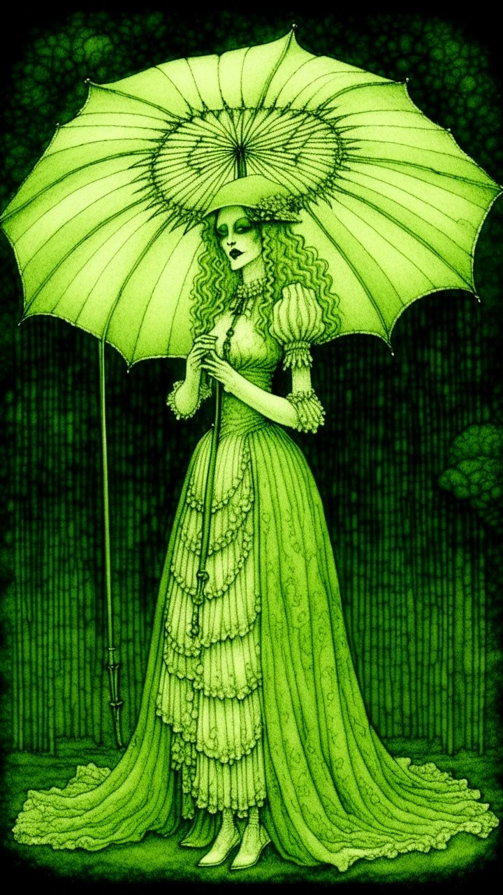 a woman in a green and white dress holding an umbrella, a storybook illustration by Wendy Froud, featured on cgsociety, gothic art, pre-raphaelite, calotype, gothic