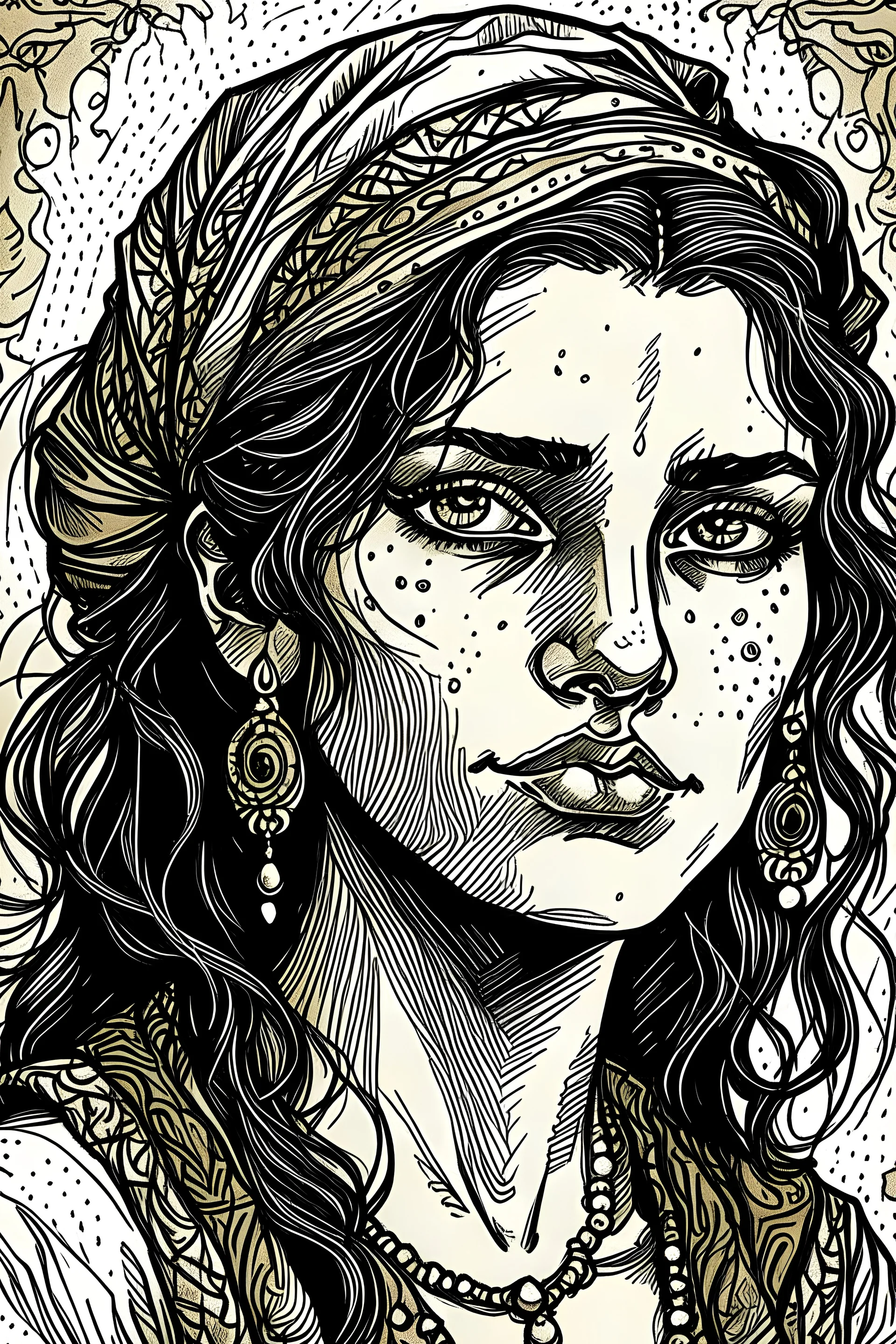 Portret de femeie tiganca, incadrat in pagina , deseneaza cu penita cu tus negru cu linii bine definite , si coloreaza cu acuarela , un sketch minimal art ,stil gravura pe metal, hasurat cu linii fine , cu mare acuratete si contrast , stil gravura pe metal ,