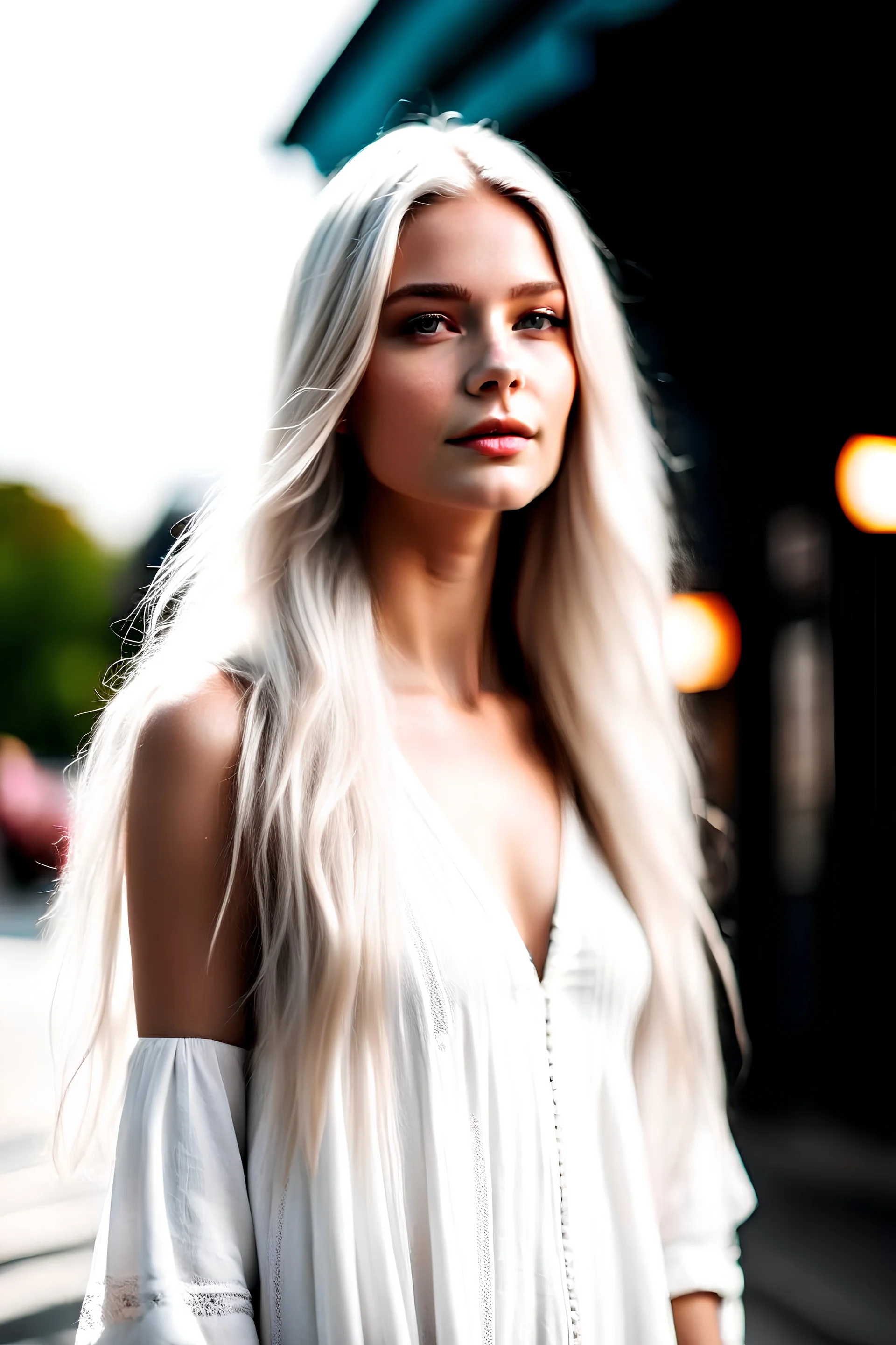 a fashion magazin photo of a beautiful supermodel with long white hair, garden city, summer dress, street photography, detailed, 8k, morning, soft light, bokeh, cool tones, blue sky