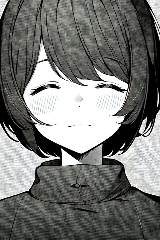 short hair girl, closed eyes, close-up, greyscale