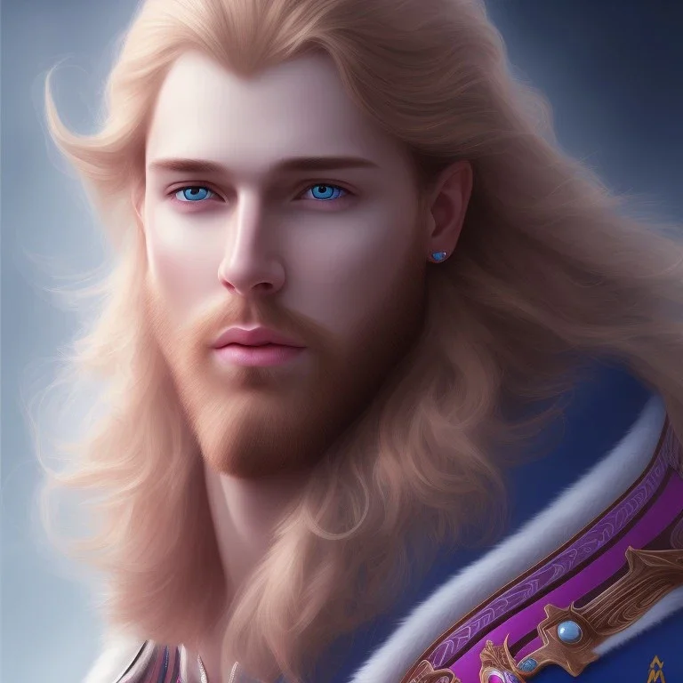 portrait bel homme, visage , prince , grands yeux bleus, cheveux long blond lord fantasy, bleu et rose