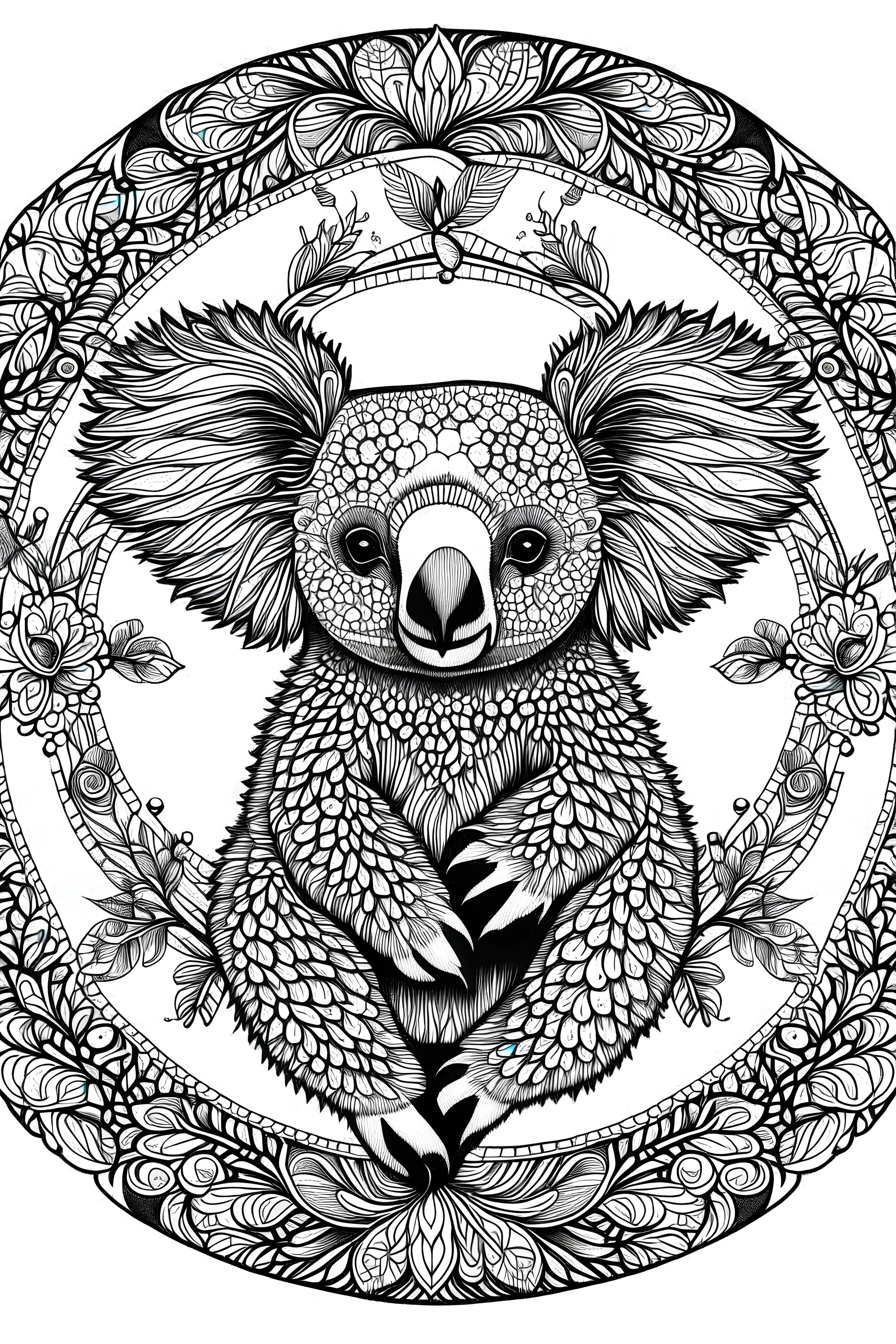 mandala koala on a tree: black and white with background white