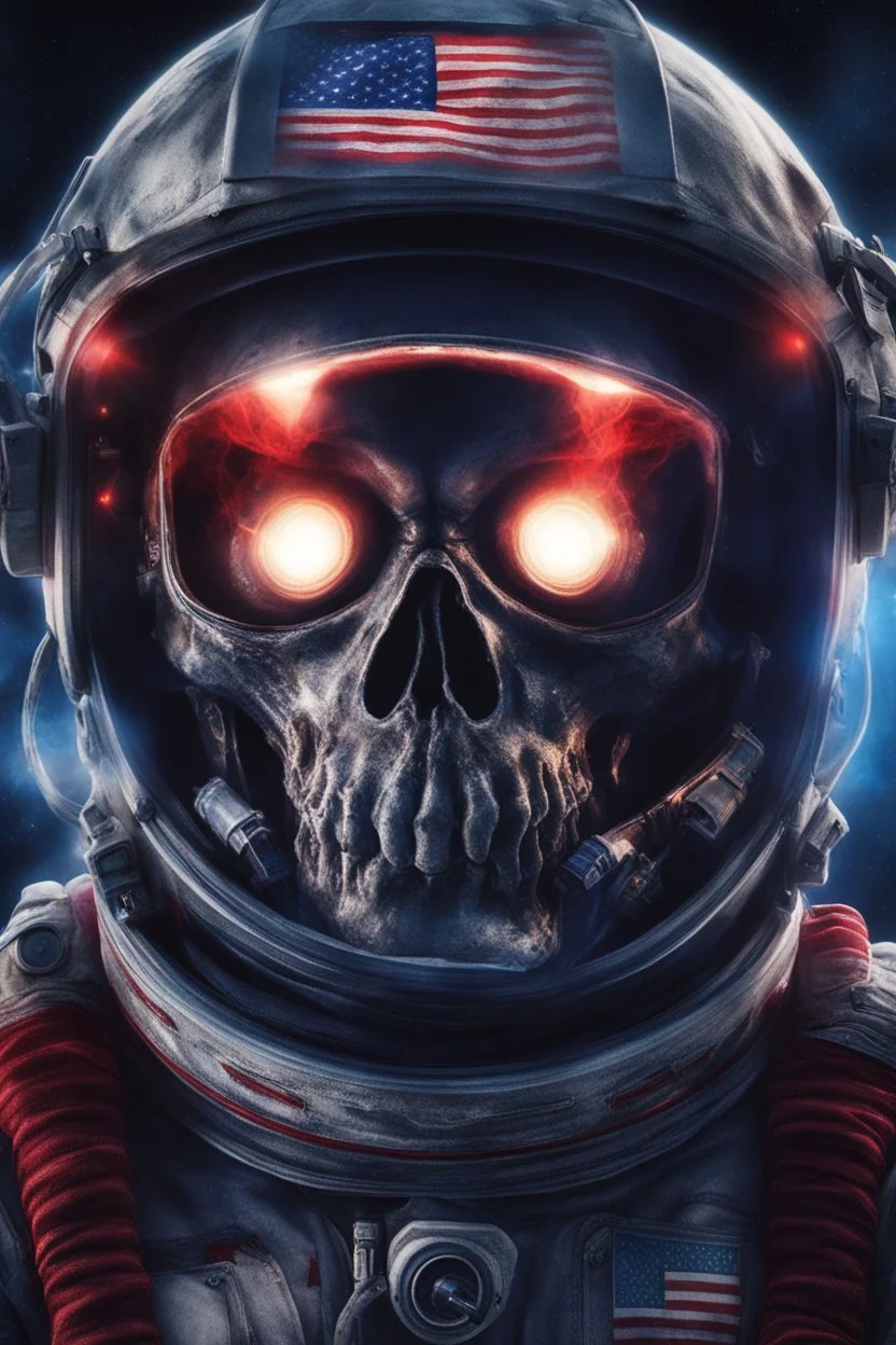 A close up of a skeleton face in an astronaut helmet and suit floating in space. inside the hollow eyes are red shining lights, scary. On his suit is an American flag and in his one hand is a small wavering American hand flag. From the back of his suit is blowing out blue, white and red smoke. Realistic, 8k, highly detailed, funny