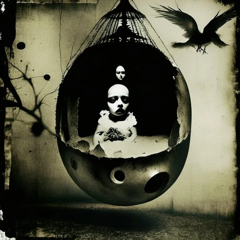 suspended egg nightmare anathema, eerie cradle machinations, dada movement collage, sinister, scary, profound, dramatic, vintage photograph