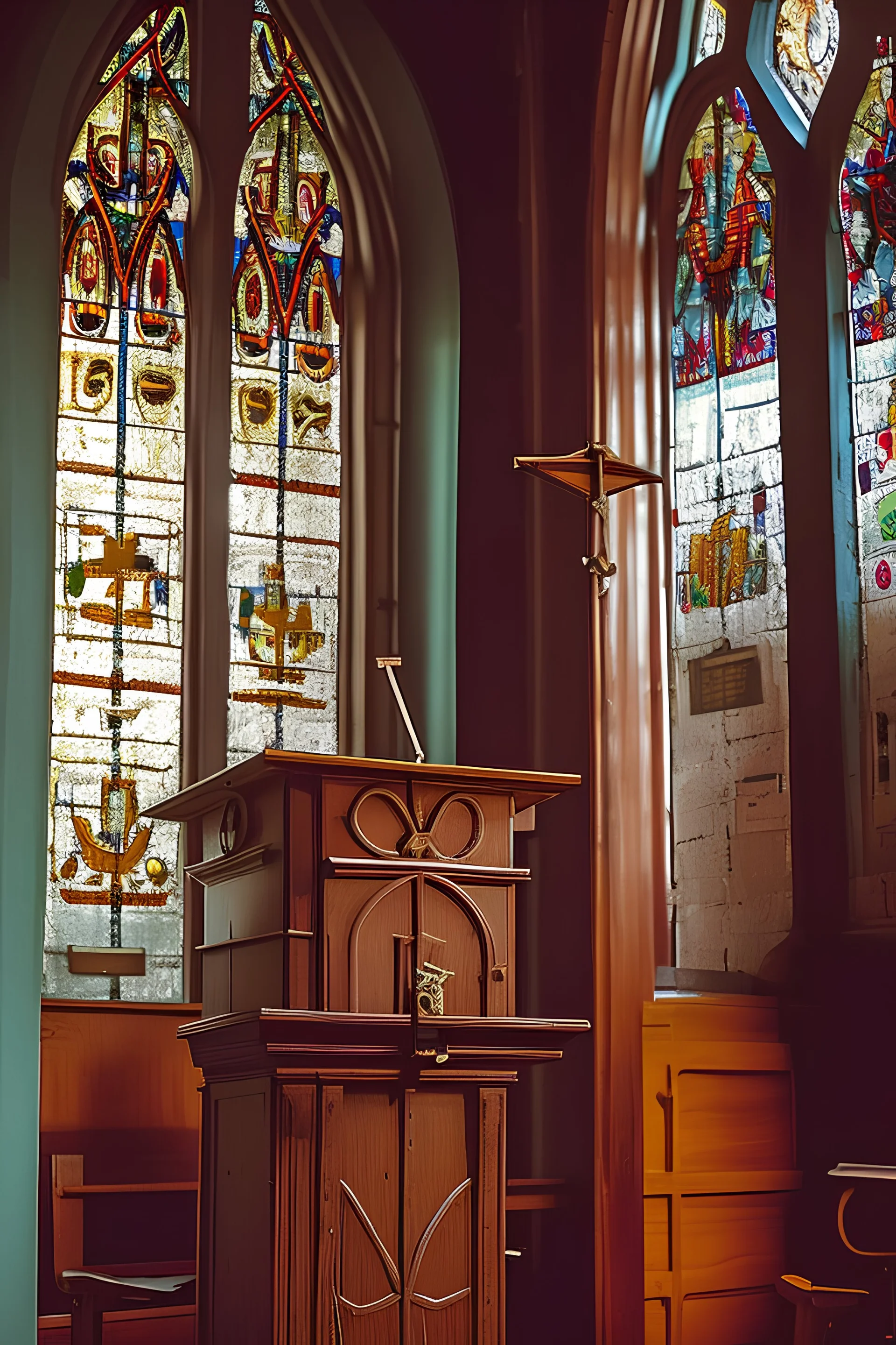 The Bible lies on the pulpit in the church hall, and above it are several question marks