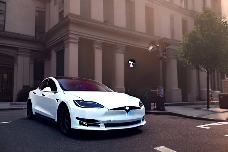 A Tesla 'Model S' is going at a high speed, near the building of the 'Friends' series in New York. (CINEMATIC, WIDE ANGLE LENS, PHOTO REAL)
